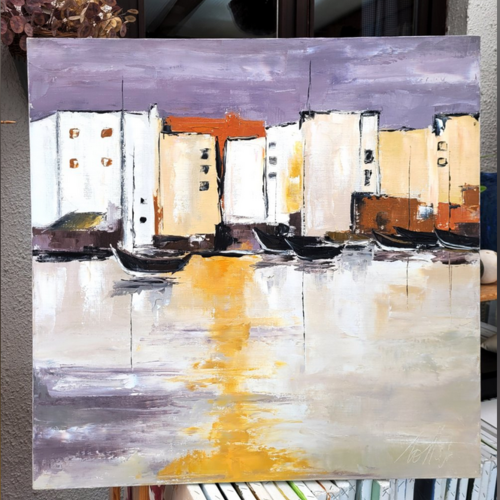 Peinture de marine , dans le midi, huile au couteau sur toile de lin sur châssis... : "port de marseille"