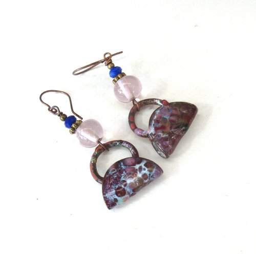 Boucles d'oreille particulières, romantiques avec lampwork artisanales et émail: "qui a volé la sacoche de maman"