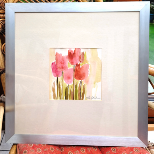 Peinture gouache "tulipes du jardin" sur papier canson, avec cadre aluminium : "jardin secret"