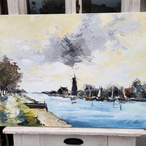 Peinture figurative - paysage moulin hollande- huile au couteau sur toile de lin sur châssis : "univers de silence"
