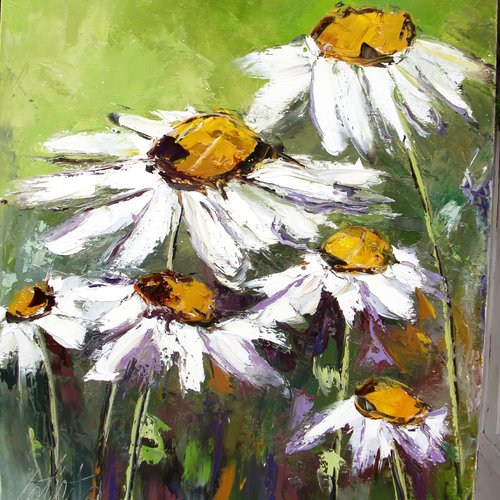 Peinture florale-marguerites sauvages - huile au couteau toile de lin sur châssis : "regard vers la nature"
