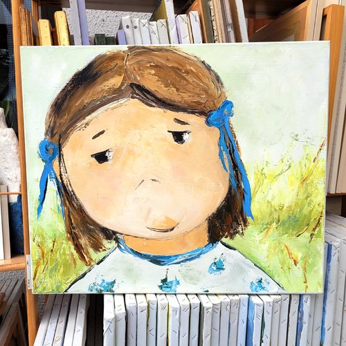 Peinture figurative personnage, huile au couteau sur toile de lin sur châssis, petite fille : "emma ou etats d' ame verts et bleus"