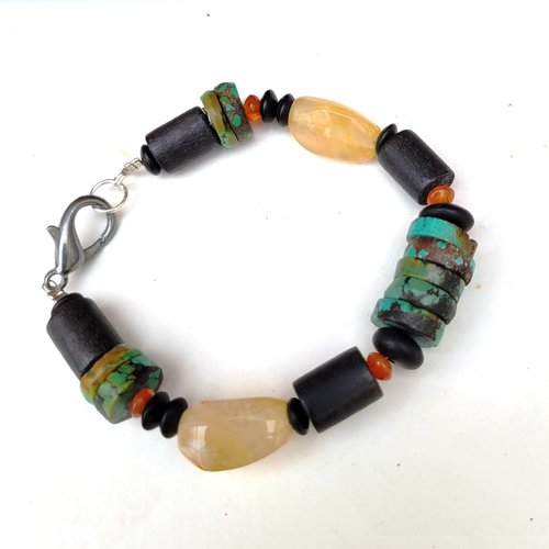 Bracelet nomade, unisexe et ethnique avec perles en turquoise d'hubei, perles agate .. : "vent de terre"...