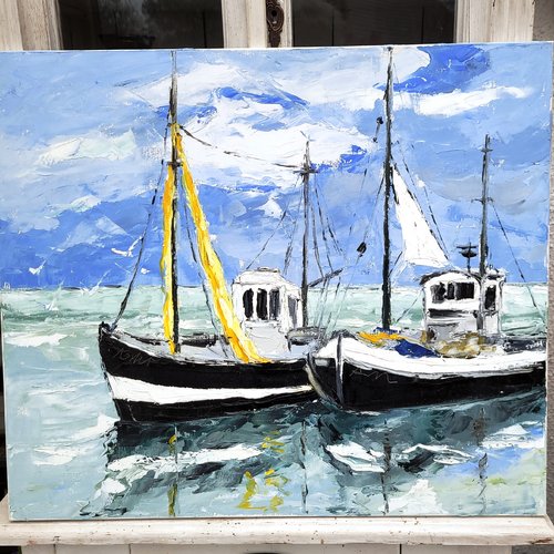 Peinture originale marine -  huile au couteau sur toile de lin ... : "le repos de l'ame "