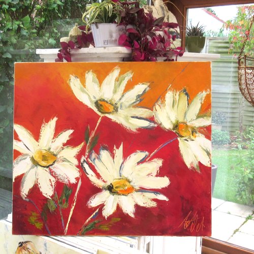 Peinture florale "marguerites des champs" huile au couteau sur toile de lin sur châssis ...: "sauvages"