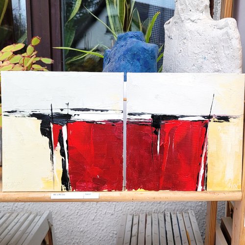 Peintures diptyque  -abstrait lyrique, huile au couteau sur carton toilé, abstrait de racines- : "temps elastiques 1 & 2"