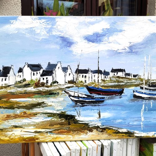 Peinture originale marine - bateaux au repos - huile au couteau sur toile de lin sur châssis: "l'ecoulement du temps"