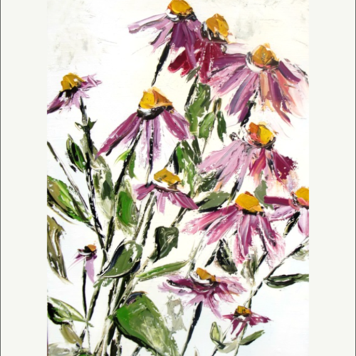 Peinture florale- échinacées- huile au couteau sur toile sur châssis : "l'éphémère sublimé "