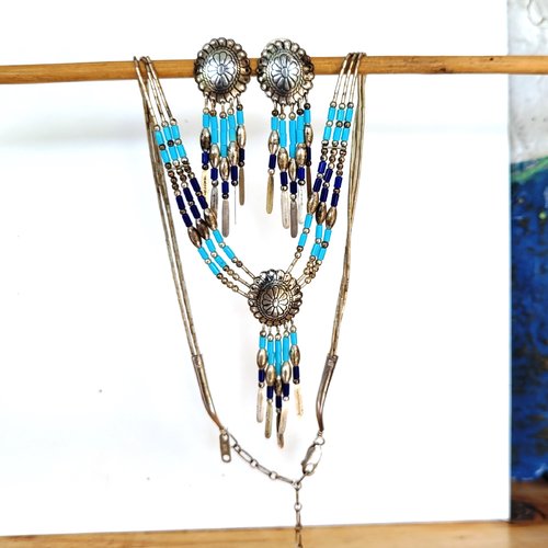 Parure collier et boucles d'oreille zuni , style amérindien sud-ouest -argent 925, turquoise, lapis lazuli : "murmures des steppes"