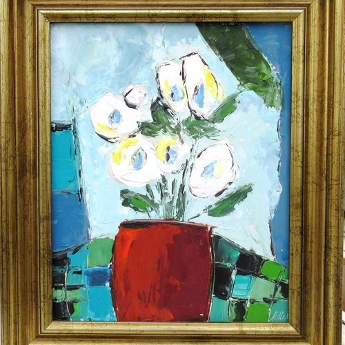 Peinture florale huile au couteau avec cadre  "emotions d'un poète