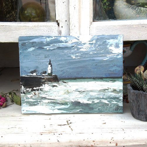 Peinture marine bretagne- phare- à l'huile au couteau sur toile de lin sur châssis : "le gardien des temps"