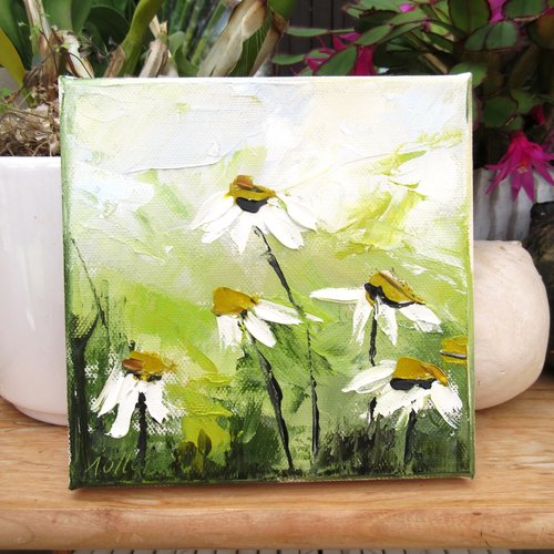 Peinture figurative fleurs marguerites ; peinture à l'huile au couteau sur toile de coton sur châssis: "fleurs d'amitiés"