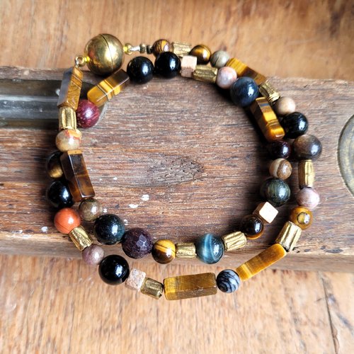 Bracelet 2 rangs ou collier ras de cou, tribal et ethnique, avec perles fines, oeil de tigre, jaspe..: "elans sauvages"