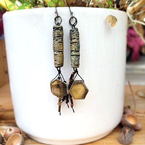 Boucles d'oreille romantiques ethniques, cadeau idéal pour dame avec citrine et rouleaux en céramique  !!!! : "le flux des emotions "