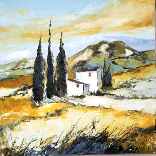 Paysage de provence, peinture figurative, peinture à l'huile au couteau sur toile de lin : "lumière d'été"