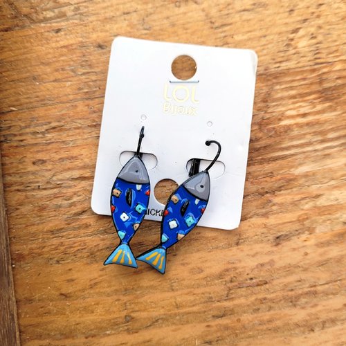 Des boucles d'oreille boho chics avec émail artisanal sardines lol- vintages  : "mer du nord"