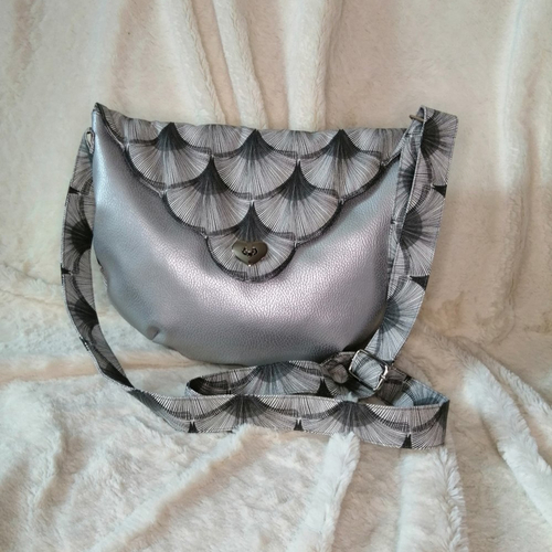 Sac rabat tissu imprimé évantail,simili cuir gris argenté
