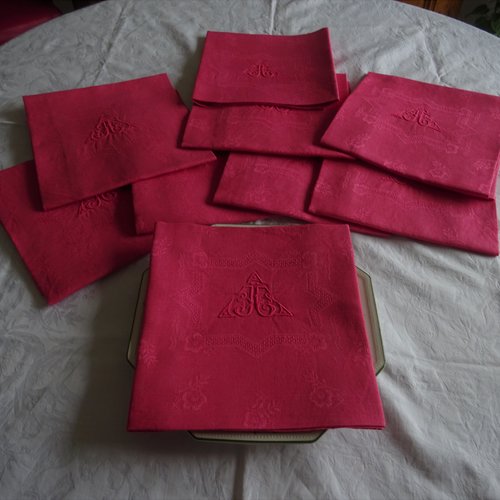 Serviettes en damassées , teinte rose blush , monogramme , année 1900 , vendue à l 'unité , vintage  ;