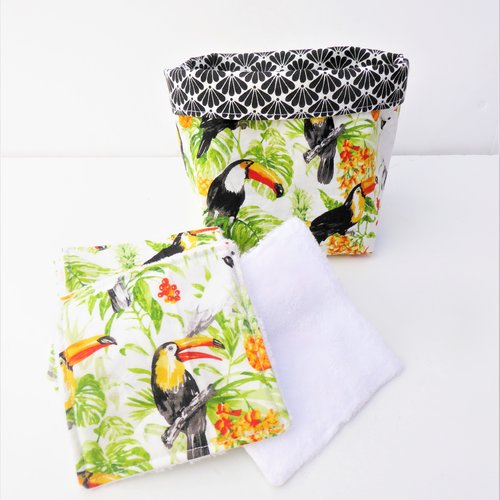 Lingettes lavables motif toucan et panier assorti