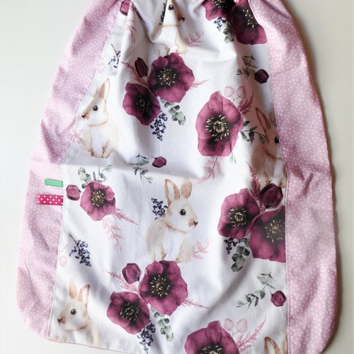 Vendu,serviette élastiquée, serviette de cantine fille, motif lapins et fleurs