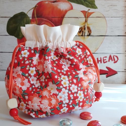 Pochon en coton - motifs floraux japonais