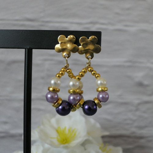 Boucles d'oreilles artisanales violettes et nacrée