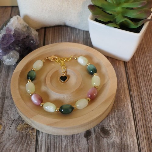 Bracelet ajustable perle œil de chat vert