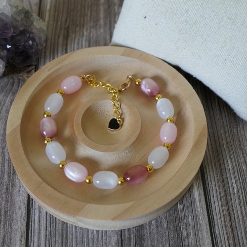 Bracelet ajustable perle œil de chat rose