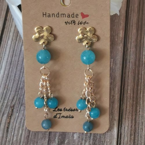 Boucles d’oreilles pendantes fleurs dorées & jade turquoise