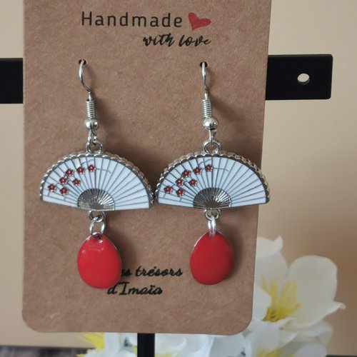 Boucles d'oreilles éventail blanc/rouge