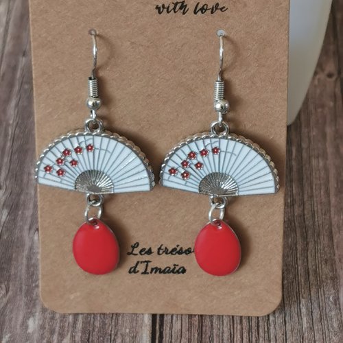 Boucles d'oreilles éventail blanc/rouge