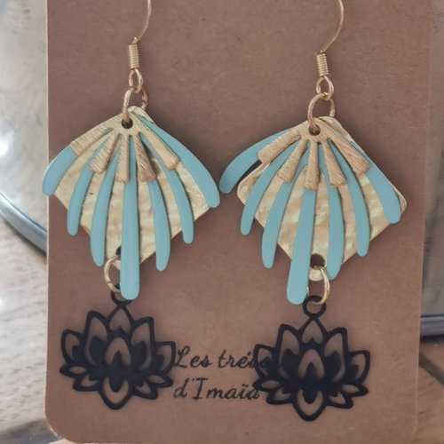 Boucles d'oreilles nature/fleur de lotus turquoise et noire