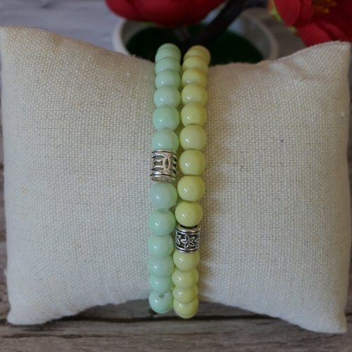 Lot de 2 bracelets en perles de verre, pastel: jaune et vert