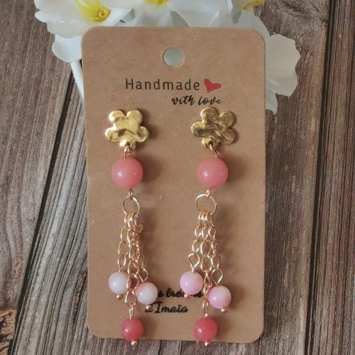 Boucles d’oreilles pendantes fleurs dorées & jade rose