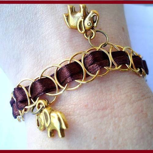 Kit Diy Bracelet Metal Dore Et Satin Marron Bijou A Breloques Elephants Chaine A Faire Soi Meme Un Grand Marche