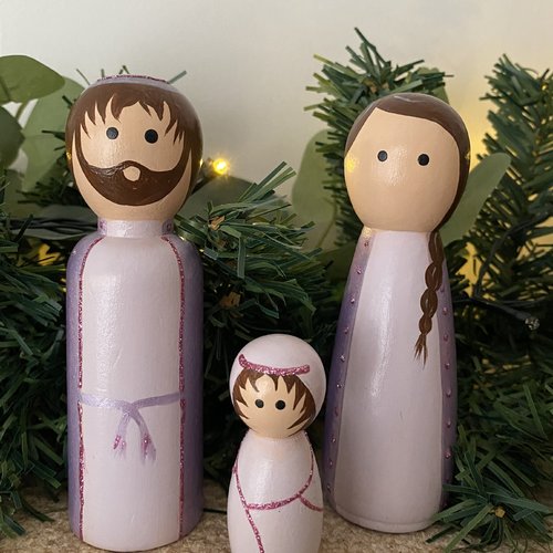 Crèche 3 sujets bois peg doll peint main parme et parme nacré