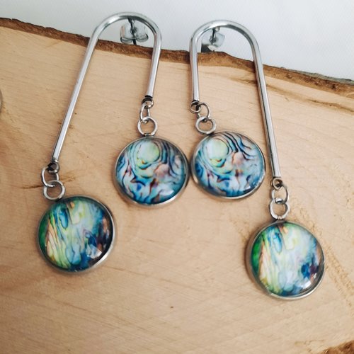 Boucles d'oreilles cabochon plume de paon