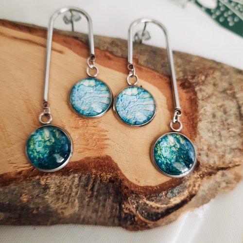 Boucles d'oreilles cabochon plume de paon