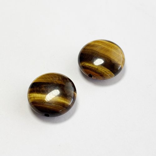 2 perles en œil de tigre naturel – disques 15 mm – trou transversal – reflets lumineux y- lot 2