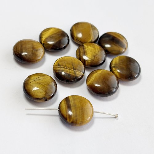 Lot de 10 perles en œil de tigre – disques bombés 15 mm