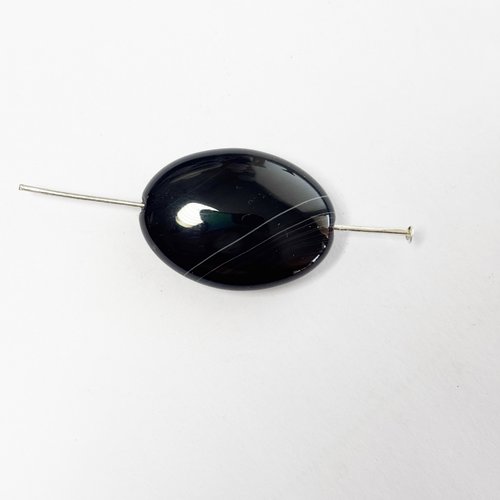 Perle en agate noire rubanée ovale 25 mm – pièce unique