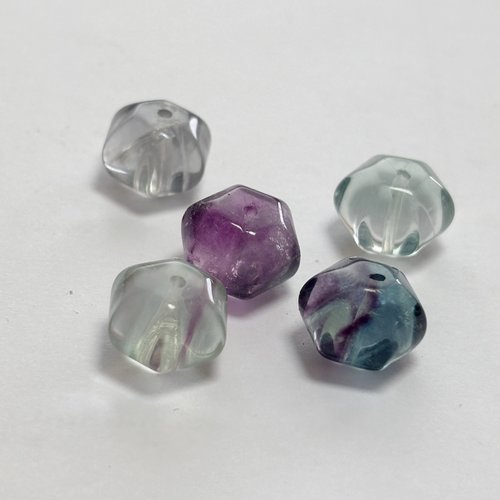 5 perles en fluorine naturelle - bouton taillé hexagonal 8 x 10 mm