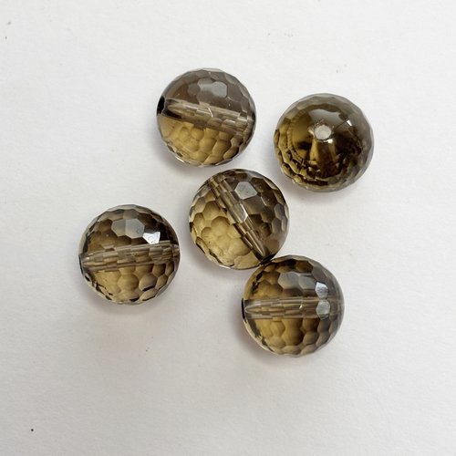 5 perles en quartz fumé 10 mm - facettage « disco »