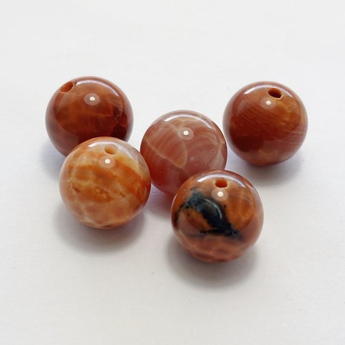 Lot n°3 – 5 perles en agate craquelée naturelle orange, boule 12 mm