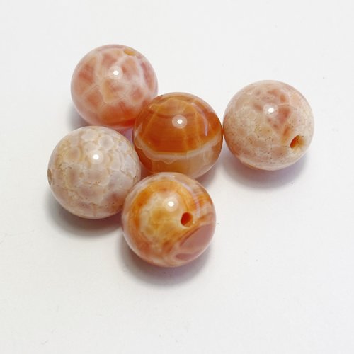 5 perles en agate craquelée naturelle orange, boule 12 mm