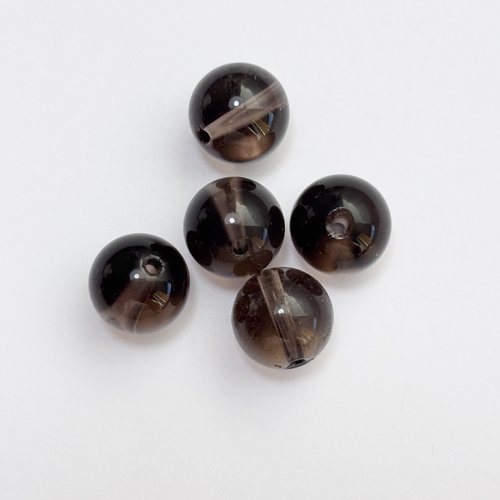5 perles rondes en quartz fumé naturel 10 mm, trou 1,1 mm.