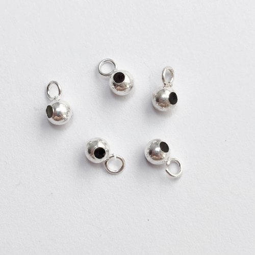 5 perles autobloquantes en argent 925 4 mm, maintien au silicone, avec anneau