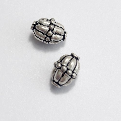 2 perles en argent 925 forme olive striée, style balinais, trou 0,6 à 0,7 mm