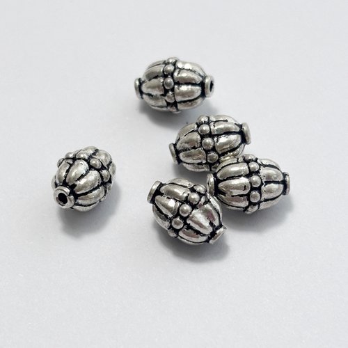 5 perles en argent 925 forme olive striée, style balinais, trou 0,6 à 0,7 mm