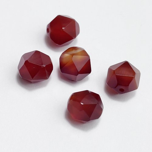 5 perles en agate naturelle 10 mm facettées, rouge rubis/bordeaux